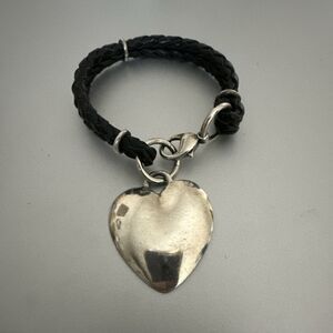 Sterling Silver Large Heart Charm Leather Black Bracelet Vintage Devlin